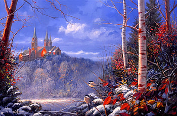 Between autumn and winter, winter, art, fall, beautiful, mountain, painting, snow, autumn, nature, sky, castle, lovely, cardinal, hill HD wallpaper