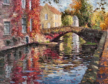 Red Ivy Bruges Autumn C, architecture, art, landscape, beautiful, Bruges, artwork, scenery, wide screen, Belgium, painting, Paprocki, bridge, autumn HD wallpaper