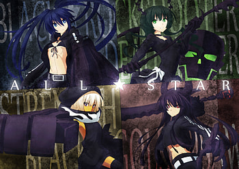 BRS, yuu, kuroi mato, red eyes, long hair, dress, strength, twintails, gun, bow, blue eyes, horns, black rock shooter, blue hair, black hair, scythe, weapon, green hair, scar, green eyes HD wallpaper