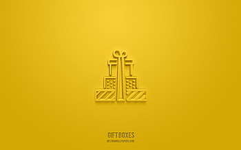 Gift boxes 3d icon, yellow background, 3d symbols, Gift boxes, gifts icons, 3d icons, Gift boxes sign, gifts 3d icons HD wallpaper