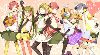 See Ya!!, hatsune miku, rin and len kagamine, meiko, winks, kaito, vocaloid, people, gumi, anime, group, megurine luka, flowers, smiles, friends HD wallpaper