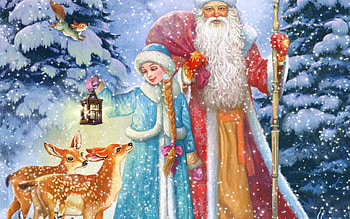 Santa claus, Lantern, Art, Squirrel, Snow maiden, Deer HD wallpaper