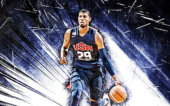 Paul George, grunge art, USA Basketball Mens National Team, Paul Cliftonantho George, basketball, US mens national basketball team, blue abstract rays, Paul George HD wallpaper