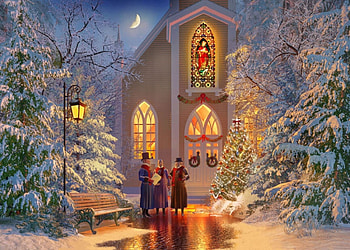The Carolers, carolers, singer, church, winter, night, art, craciun, dominic davison, pictura, christmas, lights, luminos HD wallpaper
