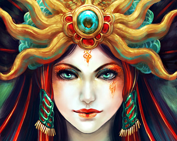 The Queen, art, girl, woman, fantasy, reaper-bunny, green, yellow, red, face, queen HD wallpaper