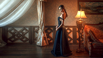 Russian Model in Evening Gown, model, gown, lamp, brunette HD wallpaper