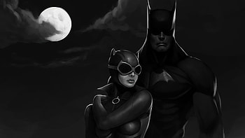 Batman And Catgirl Monochrome , batman, catwoman, superheroes, artist, artwork, digital-art, monochrome, black-and-white HD wallpaper
