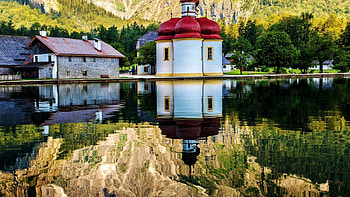 Religious Little Bavarian Chappel Reflection, refligious, reflection, chappel, bavarian, nature, houses, mountains, lake HD wallpaper