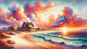 Sunlit Beach House — Dream Clouds Over the Ocean, beach house, beach, cloud, ocean HD wallpaper