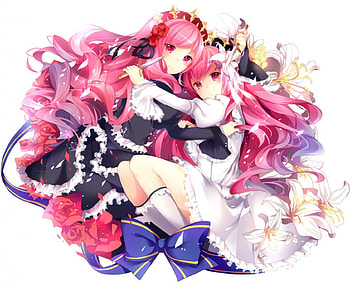 We're Sisters Until Death, dresses, ribbons, pink hair, long hair, anime, knives, girls, flowers, pink eyes, friends HD wallpaper