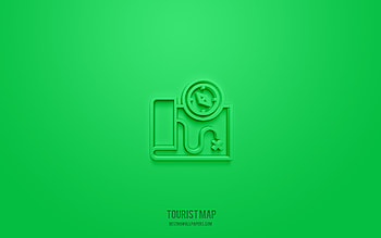 tourist map 3d icon, green background, 3d symbols, tourist map, travel icons, 3d icons, tourist map sign, travel 3d icons HD wallpaper