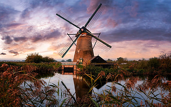 Kinderdijk Windmill, Holland, Netherlands, windmill, twilight, reeds, canal HD wallpaper