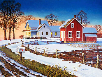 Afterglow, road, houses, snow, painting, trees, sunset HD wallpaper