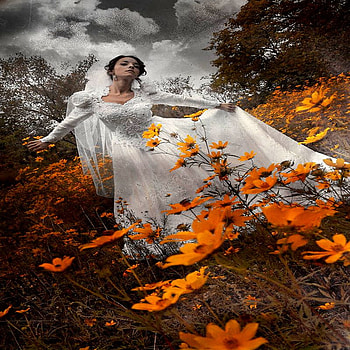 AUTUM BRIDE, away, clouds, autum, run, nature, leafs, bride, dress HD wallpaper