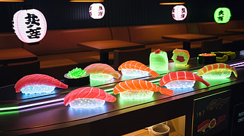 Vibrant Sushi Delights: Ultra, sushi, neon lights, restaurant, Japanese cuisine HD wallpaper