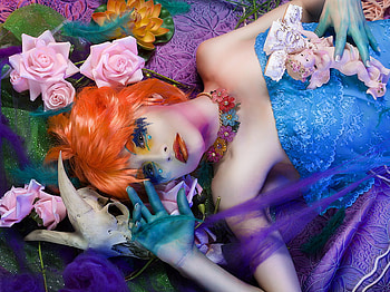 Blue passion, blue, model, red hair, flowers, girl, pretty face, nice HD wallpaper