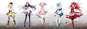 Mahou Shoujo Madoka Magica, homura, cute, miki sayaka, team, madoka, mami, sayaka, tomeo, tomoe mami, akemi, group, warrior, female, sexy, hot, girl, magical girl, akemi homura, sakura kyuoko, kaname madoka, anime girl, anime, sakura, kaname, weapon, friend, miki HD wallpaper