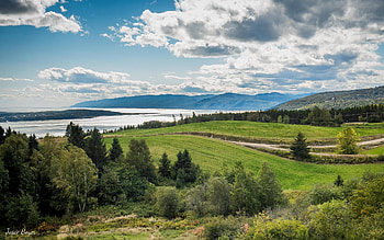 Fields in Canada, fields, hills, lake, Canada, clouds HD wallpaper