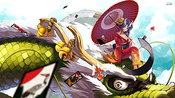 The Geisha & The Dragon, umbrella, colorful, horns, riding, geisha, bells, cards, anime, fantasy, green scales, dragon, clouds, sky HD wallpaper