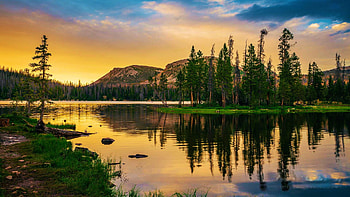 Sunset view at Mirror Lake in the Uinta-Wasatch-Cache National Forest in Utah, reflections, colors, trees, landscape, sky, mountains, usa HD wallpaper