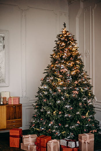 A beautifully decorated Christmas tree with presents in a stylish interior. HD phone wallpaper