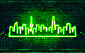 Seoul green neon silhouette, , green neon lights, Seoul skyline silhouette, green brickwall, South Korean cities, neon skyline silhouettes, South Korea, Seoul silhouette, Seoul HD wallpaper