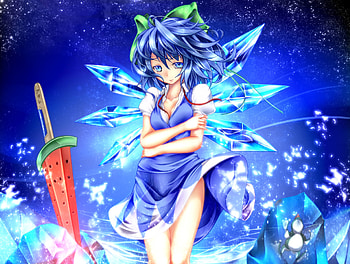 Cirno, blue, wings, blue hair, girl, beautiful, dress, anime, touhou, ice, bow, female HD wallpaper