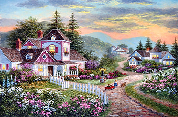 Painting, flower, house, sunset, village, tree, mountain HD wallpaper