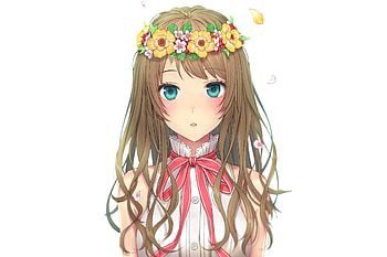 Cute, blue eyes, original, flowers crown, anime girl HD wallpaper