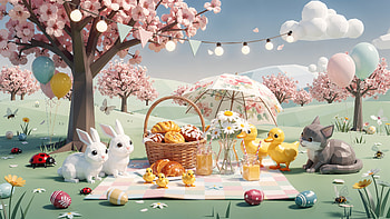 Springtime Bunny Picnic — Cute, Cute Spring, Bunny, Chick, Picnic, Basket HD wallpaper
