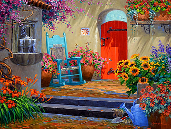 Hummingbird Retreat , door, house, artwork, painting, veranda, flowers HD wallpaper