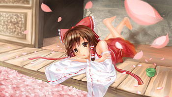 hakurei reimu, japanese clothes, long hair, dress, highres, petals, bow, brown eyes, kawai, girl, lying, anime, wide , brown hair, touhou, hair bow, cap, hair ribbon, solo HD wallpaper