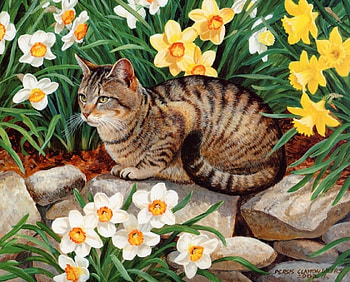Cat in Flowers, kitten, animal, paint, cat, flowers HD wallpaper