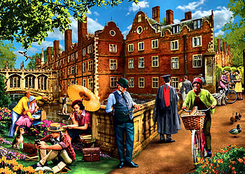 Afternoon in Cambridge, art, beautiful, people, England, artwork, scenery, wide screen, painting, building, Cambridge HD wallpaper