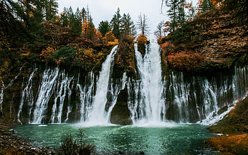 Burney Falls, California, rocks, river, cascades, trees, sky, usa HD wallpaper