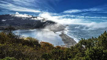 The Mouth of the Klamath River, where it meets the Pacific Ocean, Orick, California, sea, coast, trees, sky, water, usa HD wallpaper