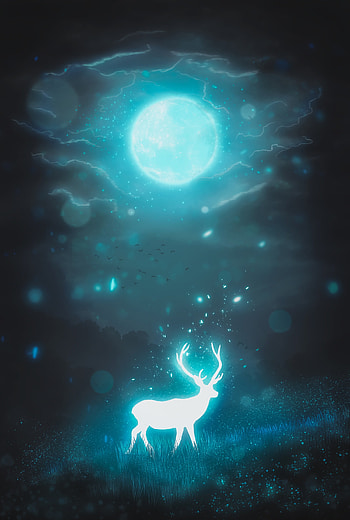 Art, Night, Moon, Glare, Glow, Deer HD phone wallpaper