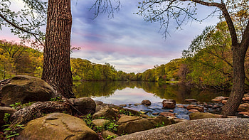 Peaceful day at the lake, Reflections, Rocks, Trees, Lake, Clouds, Sky HD wallpaper