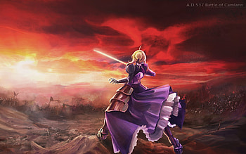 The War at Camlann, knight, fate stay night, war, saber, anime, king, game, arturia, sunset HD wallpaper