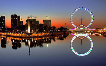 Cities, Houses, Rivers, Night, City, Lights, Reflection, Ferris Wheel HD wallpaper