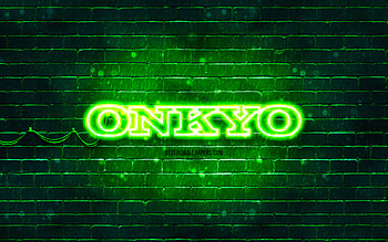 Onkyo green logo, , green brickwall, Onkyo logo, brands, Onkyo neon logo, Onkyo HD wallpaper