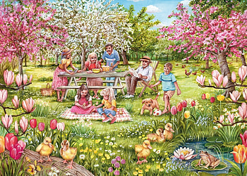 Five Little Ducks, parents, children, frog, spring, painting, blooming, trees, flowers, waterlily, pond HD wallpaper