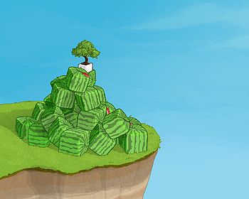 Watermelons, pile, edge, sky, grass, cliff, tree HD wallpaper