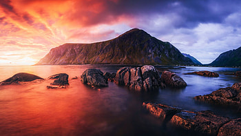 Hustinden mountain in Lofoten, Norway, clouds, sky, rocks, islands, sunset HD wallpaper