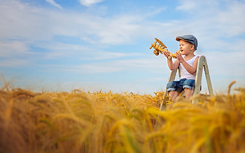 The airplane, blue, toy, copil, summer, boy, field, airplane, yellow, child, vara HD wallpaper