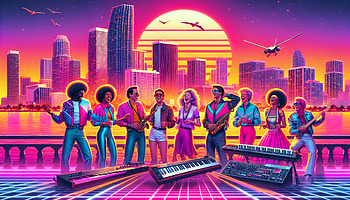 Joyful Retro Music Band, laughing, retro, music, cityscape, neon HD wallpaper