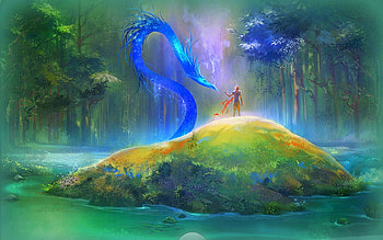 Blue Dragon, perfect world, games, plants, man, fan art, paintings, landcapes, lake, digital media, animals, drawings, weapon, dragon, trees, nature HD wallpaper