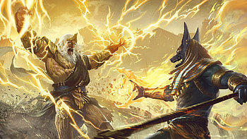 Zeus, Gods' battle scene, Anubis vs Zeus, Epic fantasy clash HD wallpaper