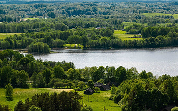 Lake in Latvia, lake, summer, landscape, Latvia, farmstead, houses HD wallpaper