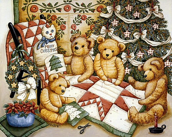 christmas teddys, bears, chair, quilt, christmas, cat, tree HD wallpaper